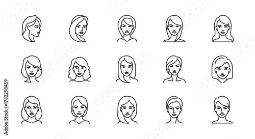 Collection of fifteen diverse female portrait line icons, showcasing various hairstyles and facial features, presented in a clean, modern linear style on a white background, perfect for branding and