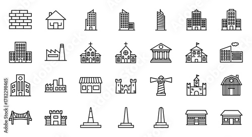 Collection of diverse building line icons, including a brick wall, house, skyscrapers, factory, church, courthouse, castle, lighthouse, barn, bridge, and monuments, perfect for graphic design, web