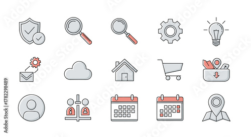 A collection of modern, minimalistic, thin line icons for web and graphic design, apps, banners, social networks, and cards, featuring a shield with a checkmark, magnifying glasses, gear, lightbulb