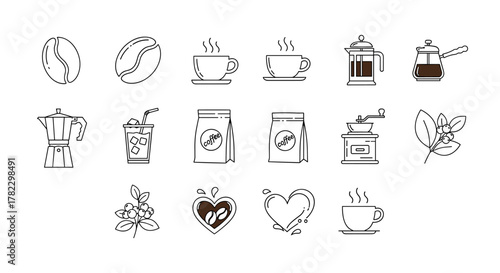 A collection of thin line icons representing various coffee-related elements, including coffee beans, cups of hot and iced coffee, coffee bags, brewing equipment like a Moka pot and French press, a