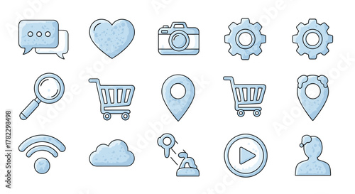 A collection of modern outline-style icons in a light blue watercolor texture, featuring chat bubbles, a heart, a camera, gears, a magnifying glass, shopping carts, map pins, Wi-Fi signal, a cloud, a