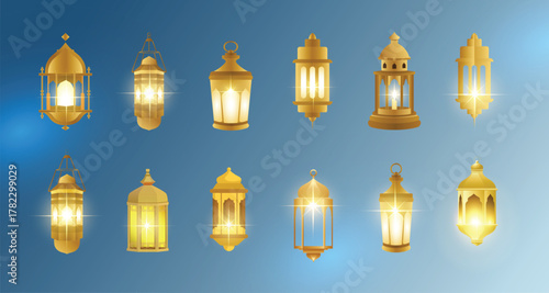 Collection of various Islamic Luxury Gold lanterns, amadan lanterns, Eid Al Adha lanterns, vector arts.