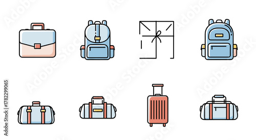 Collection of modern outline style icons representing various types of bags and luggage, including a briefcase, backpack, package, and different styles of travel bags and suitcases, presented in a