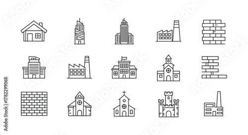 A diverse collection of line art building icons, featuring residential homes, modern skyscrapers, industrial factories, educational institutions, religious structures like churches, and defensive