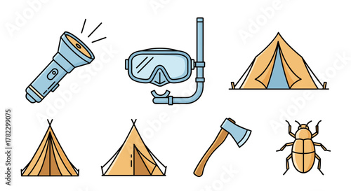 Vibrant and modern line icon bundle featuring essential camping and outdoor adventure gear, including a flashlight, diving mask, multiple tent designs, an axe, and an insect illustration, perfect for