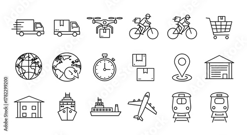 Comprehensive line icon bundle showcasing delivery and transportation services, featuring trucks, drones, cyclists, shopping carts, globes, stopwatches, packages, location pins, warehouses, ships