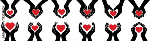 Hand with red heart black silhouettes collection,  I love you hands, vector arts.