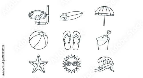 Collection of minimalist line art icons representing summer beach activities and vacation essentials, including a diving mask, surfboard, beach umbrella, beach ball, flip-flops, sand bucket with