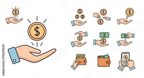 Collection of modern outline style icons depicting financial transactions and currency exchange, including hands holding dollar coins, banknotes, wallets, and a smartphone for digital payments