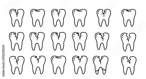 A collection of cracked tooth outline linear symbols, perfect for graphic design, web design, apps, adverts, and various cards. This vector cartoon illustration features a white background