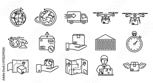 Global delivery outline icons set, representing logistics, shipping, and transportation services. Includes icons for worldwide shipping, trucks, drones, packages, maps, and time tracking, perfect for