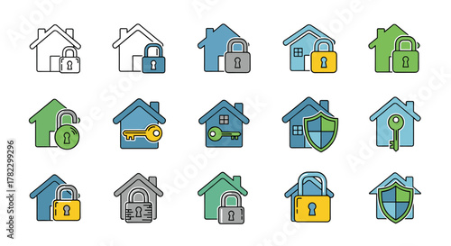 Collection of stylized house icons representing security, safety, and access, featuring locks, keys, and shields in vibrant colors on a clean white background, perfect for web, apps, and print design.