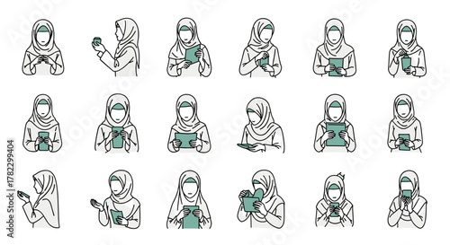 Collection of minimalist line art illustrations depicting an Islamic woman wearing a hijab in various poses, holding books, tablets, and cups, suitable for diverse lifestyle and educational themes