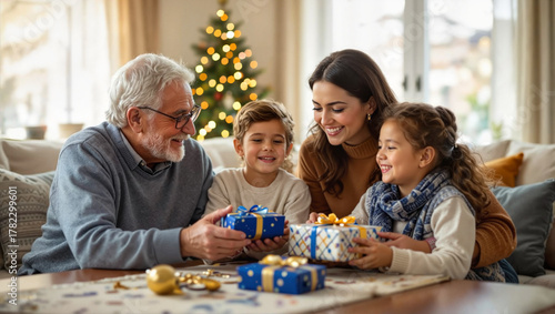 Multigenerational Hanukkah family celebration with gifts and menorah