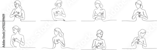 Set of woman breast health breast cancer awareness line arts vector art.
