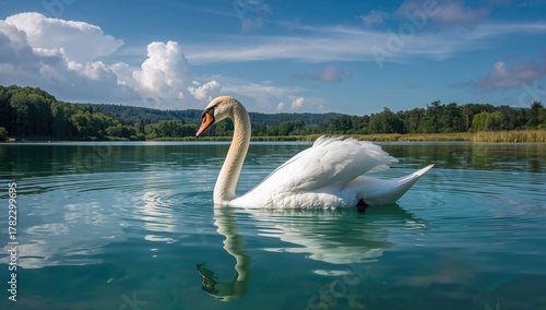 Fototapeta Naklejka Na Ścianę i Meble -  A swan gliding across the water's surface, showcasing nature's grace and tranquility, Earth Day