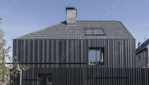 Wallpaper Mural Metal Standing Seam Cladding on Upper Level of Contemporary Home Featuring Grey Tiled Roof with Rainwater Drainage System Torontodigital.ca