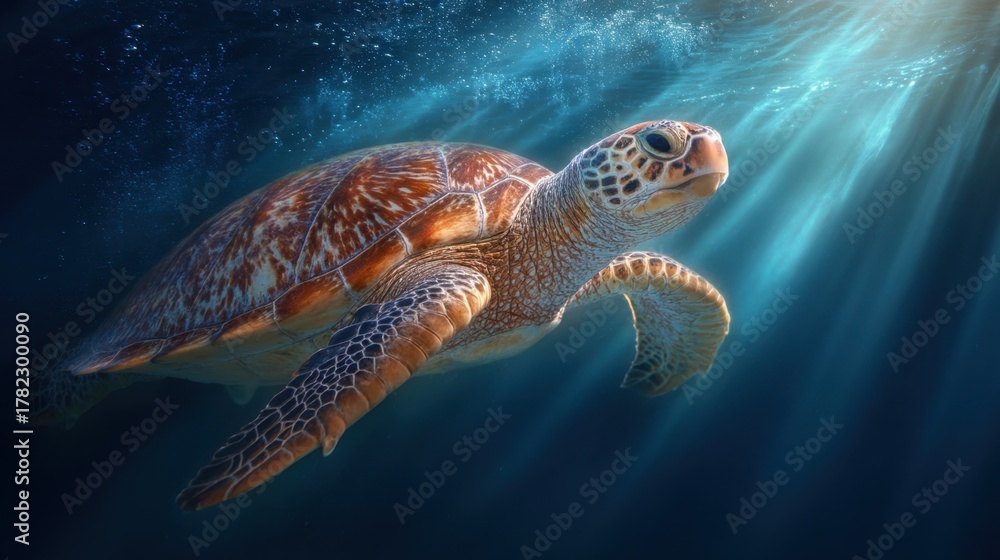 Fototapeta premium Majestic Sea Turtle Swimming Gracefully Underwater with Sunlight Rays Illuminating the Depths of the Ocean