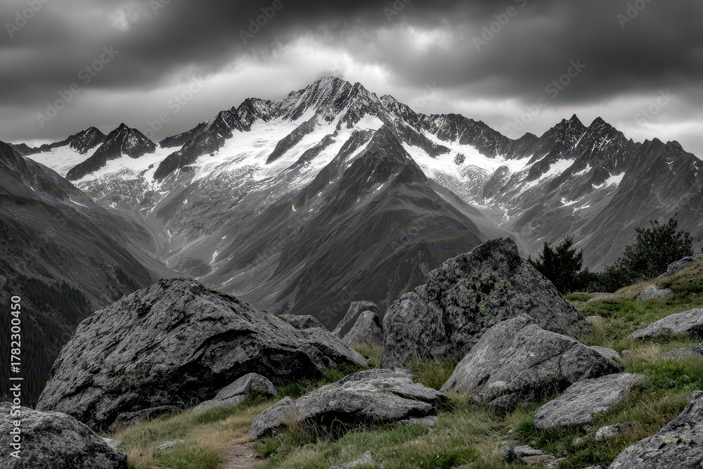 Obraz premium Rugged snow-capped mountain range under dramatic stormy clouds with rocky foreground.