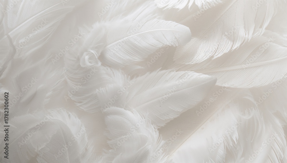 Obraz premium Close-up of neatly arranged white feathers, ideal for editorial header backgrounds, featuring a soft, minimalist aesthetic.