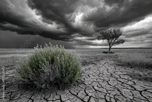 Dramatic cracked earth landscape with a lone tree under a stormy, cloudy sky