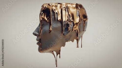 Gold Liquid Dripping Over Head Sculpture. Conceptual Abstract Statue Covered in Glossy Metallic Paint. Studio Artistic Visual