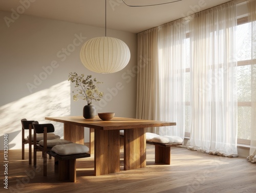 A large wooden dining table with a lamp hanging above it. The table is surrounded by chairs and a vase with flowers on it