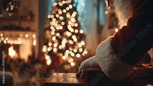Santa Claus placing gifts under a beautifully decorated Christmas tree in a cozy living room, surrounded by warm lights and festive decorations creating a joyful holiday atmosphere