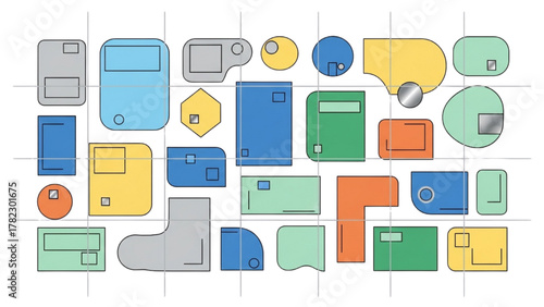 Harmonious arrangement of varied abstract shapes and vibrant colors on a grid, embodying modern design principles