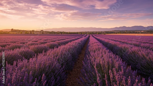 Lavender fields in a summer landscape at sunset, seasonal change