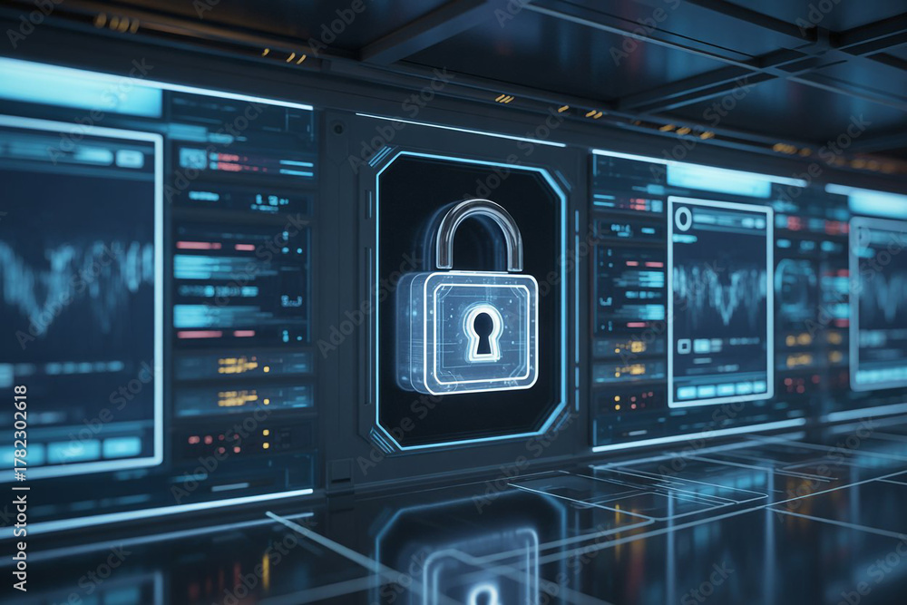 Fototapeta premium Cybersecurity lock protecting digital data displayed on modern interface, ensure your vital information stays private and safe with advanced technology