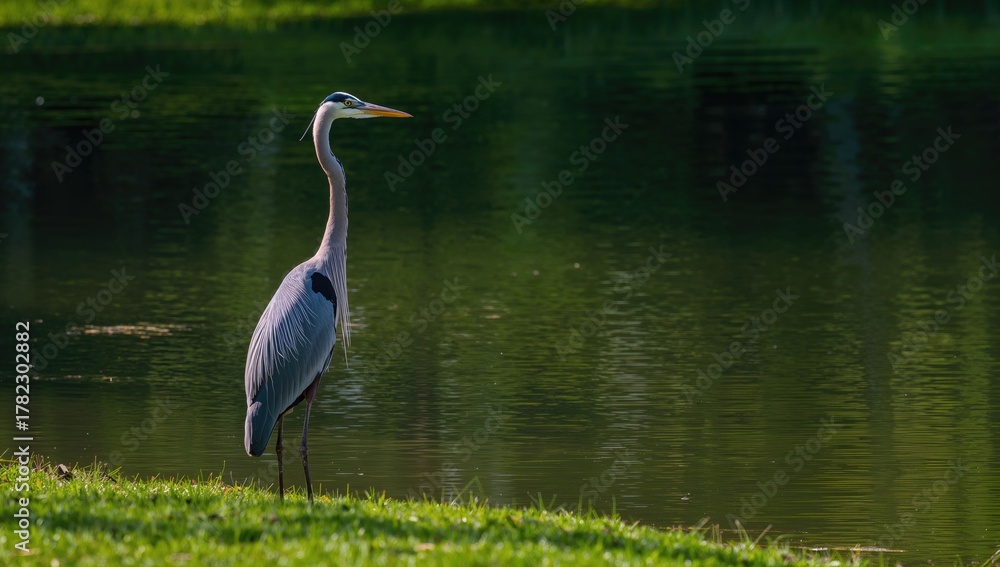 Fototapeta premium Great blue heron standing by a lake, showcasing urban wildlife presence