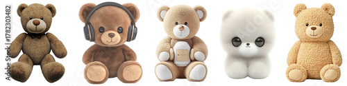 Cute Teddy Bears in Different Styles and Textures on transparent background