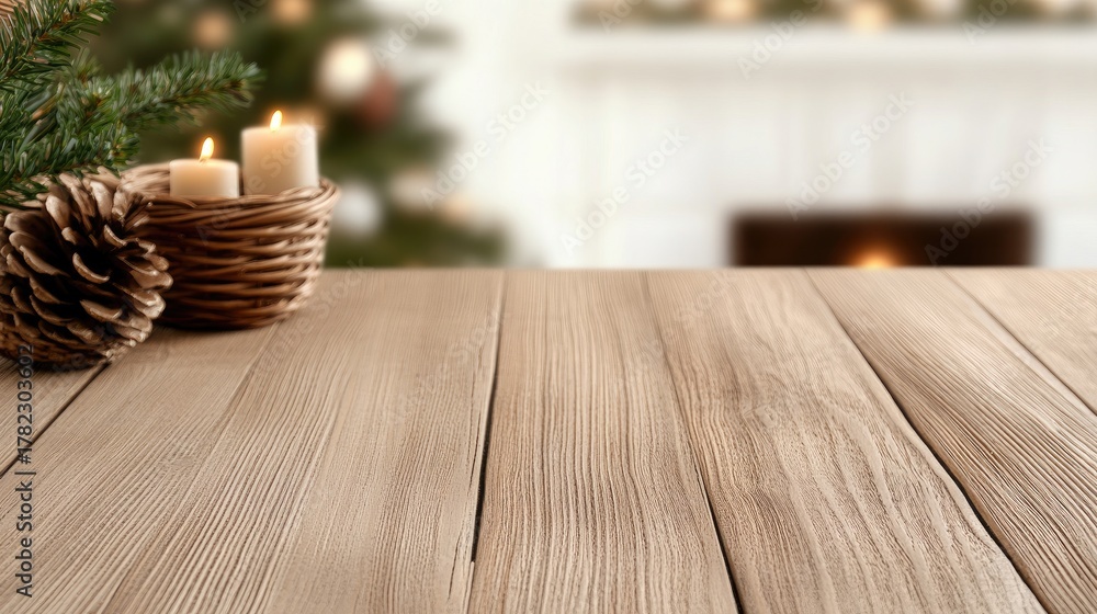 Naklejka premium Cozy holiday atmosphere with a rustic wooden tabletop and festive decorations in a blurred living room setting