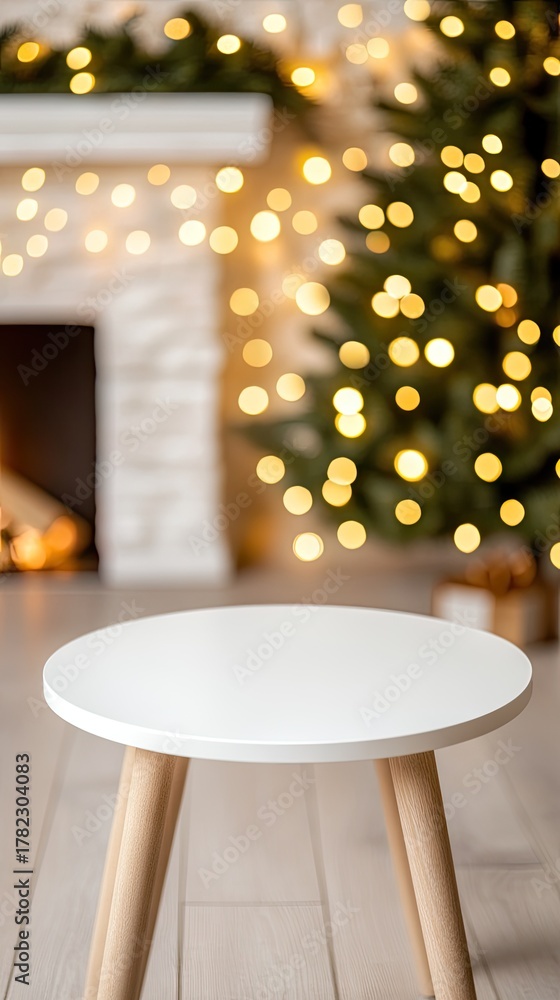 Naklejka premium Cozy living room ambiance with fireplace and Christmas tree creating a warm festive atmosphere