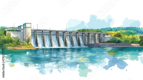 Itaipu Dam. Itaipu Dam hand drawn watercolor illustration