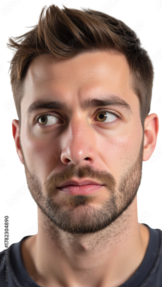Obraz premium Young man with short brown hair and beard, looking thoughtfully to side, conveying sense of contemplation and curiosity