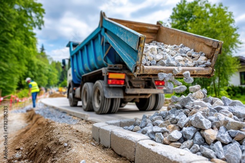 Construction dump truck delivering gravel at a new road building site.