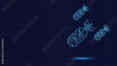 Geometric Bomb Icons on Dark Blue Background - Wireframe Style Atomic Bombs Vector Illustration , Futuristic Military Technology Concept  Aerospace Design