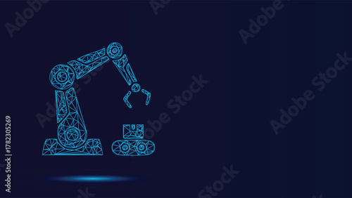 Futuristic Robotic Arm Lifting Box on Conveyor Belt Vector Illustration , Automation Manufacturing Technology Industry 40 Digital Transformation Graphic