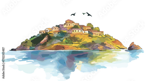 Taquile Island. Taquile Island hand drawn watercolor illustration