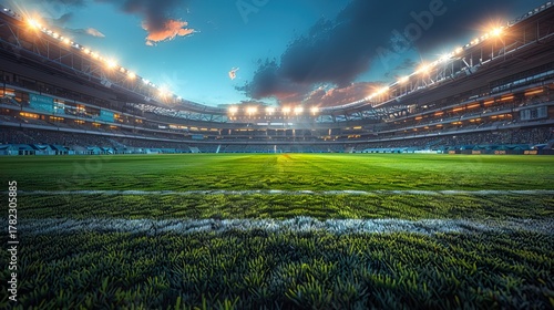 Wallpaper Mural Empty football stadium with green grass field under bright evening lights, generative ai Torontodigital.ca