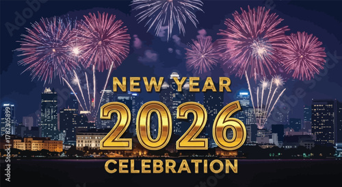 Golden new year 2026 celebration with fireworks over a cityscape at nighttime event