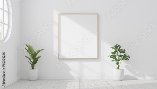 Fototapeta Naklejka Na Ścianę i Meble -  Contemporary mockup featuring a blank picture frame, scattered indoor greenery, and a circular window on a plain white wall