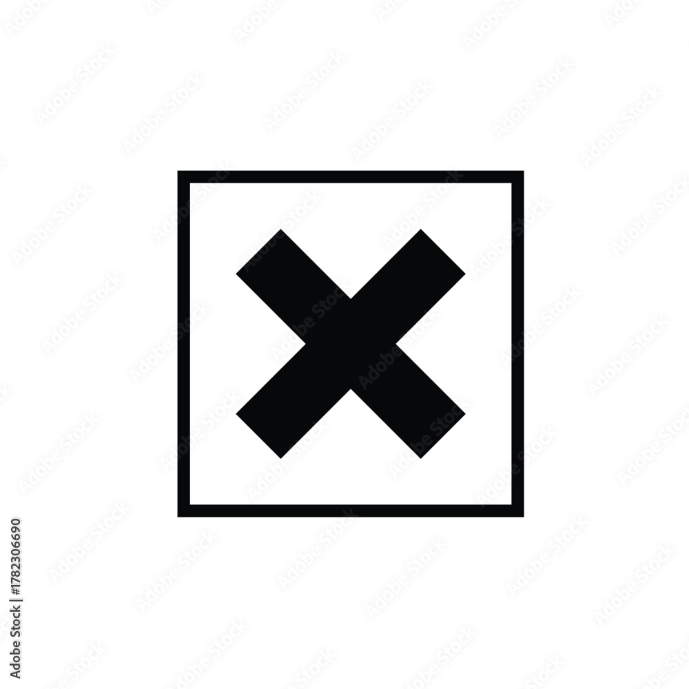 Obraz premium Black x cross icon in square box vector flat design on white background. Simple minimalist symbol design.