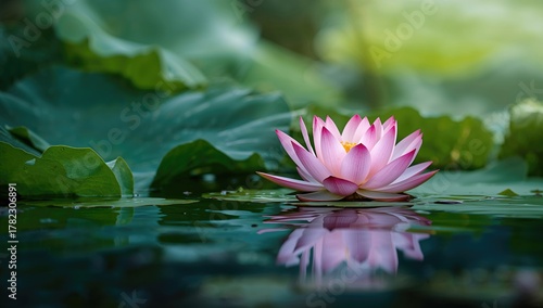 Fototapeta Naklejka Na Ścianę i Meble -  Lotus flowers on a serene water surface, reflecting nature's beauty and seasonal change