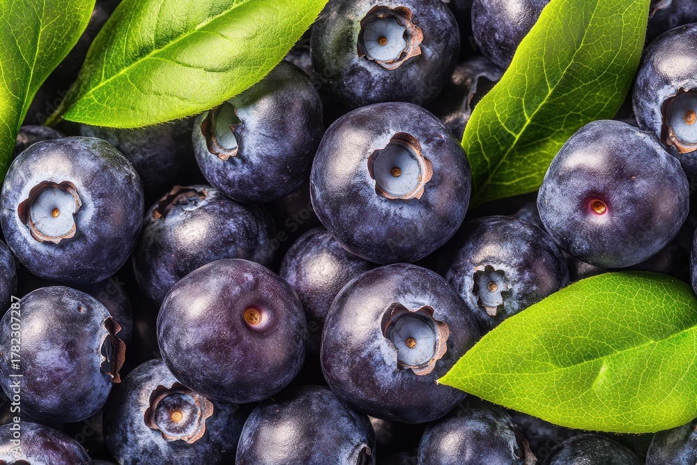 Fototapeta premium Fresh blueberries with green leaves create vibrant graphic layouts for advertising purposes