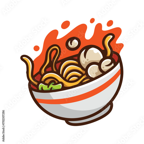 Spicy Meatball Noodle Soup Bowl Cartoon Illustration.