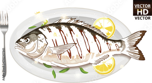 Grilled fish served on a white plate with lemon slices on a wooden table