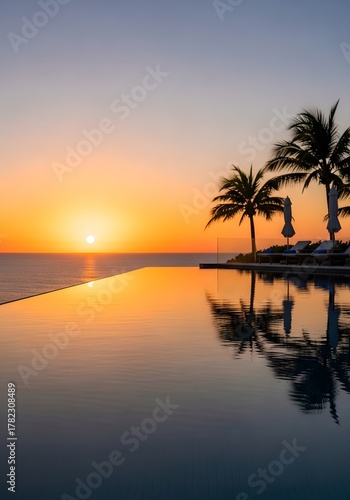 Tranquil sunset over infinity pool with palm trees by the sea for relaxation and travel inspiration